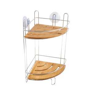 MSV Eck-Duschregal Joy mit 2 Ebenen aus Bambus und silberfarbenem Metall.