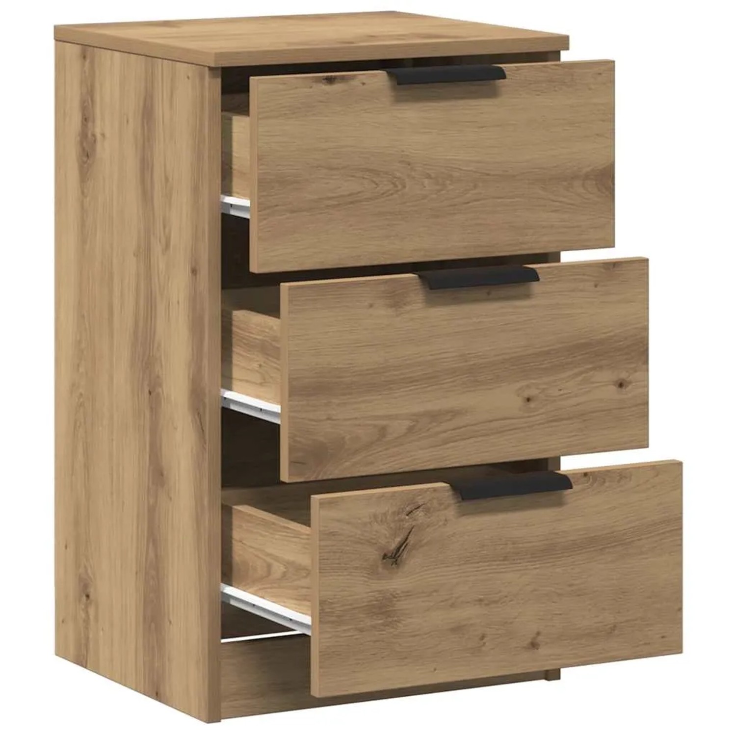 vidaXL Nachttisch (2 Stk.) in Artisan-Eiche mit 3 Schubladen und schwarzen Griffen.