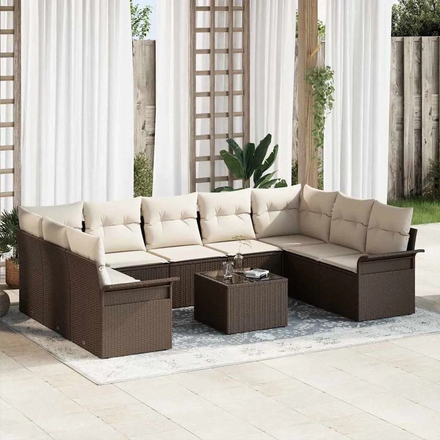 Graues 10-tlg. vidaXL Garten-Sofa-Set aus Poly Rattan mit Auflagen und Tisch.