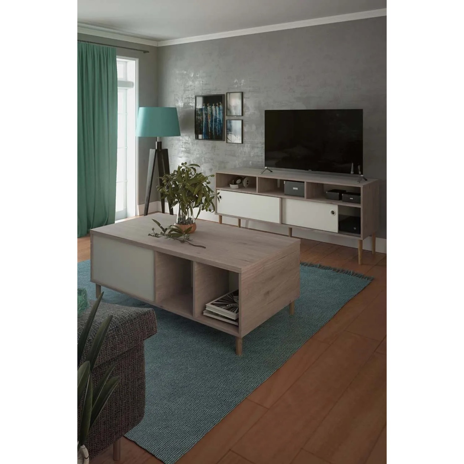 Penny Couchtisch mit Ausziehplatte, Hickory Dekor/Mattweiß, 2 Fächer. Wohnzimmertisch.