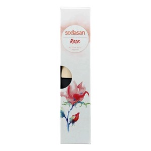 Sodasan Raumduft Rose 200 ml in weißer Verpackung mit Rosenmotiv. Glasflacon und Buchenholz-Sticks für Duftverteilung.