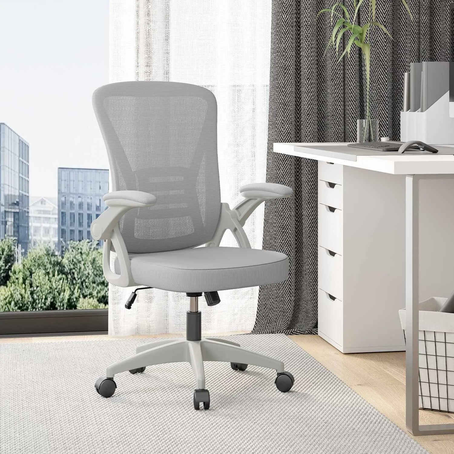 Rattantree Ergonomischer Drehstuhl mit Klapparmlehnen Höhenverstellbar Mesh Rückenlehne Grau_2
