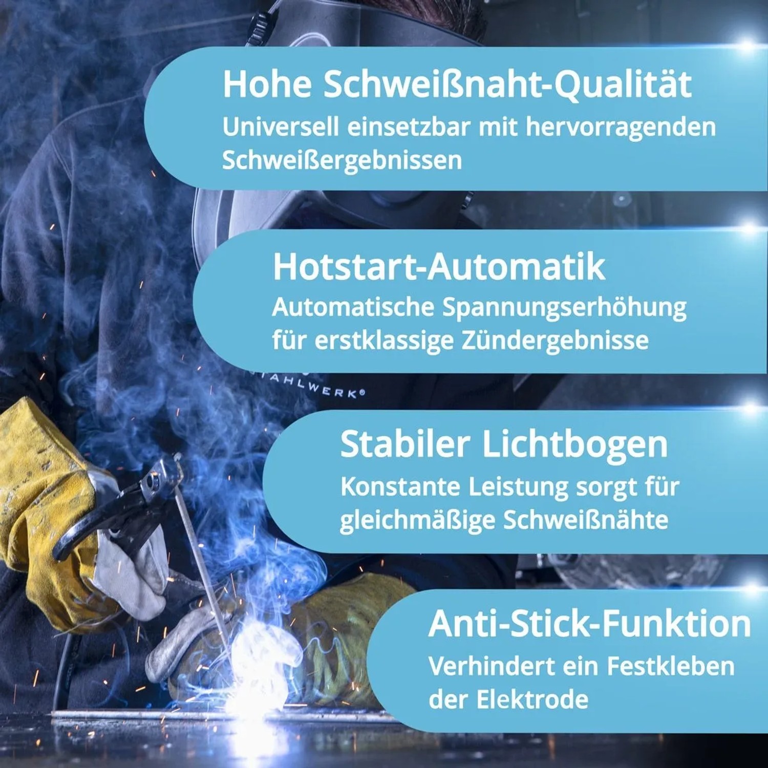 Schweißer mit STAHLWERK ARC 200 Puls Pro Schweißgerät. Hotstart, Anti-Stick, stabiler Lichtbogen für Qualitätsschweißnähte.