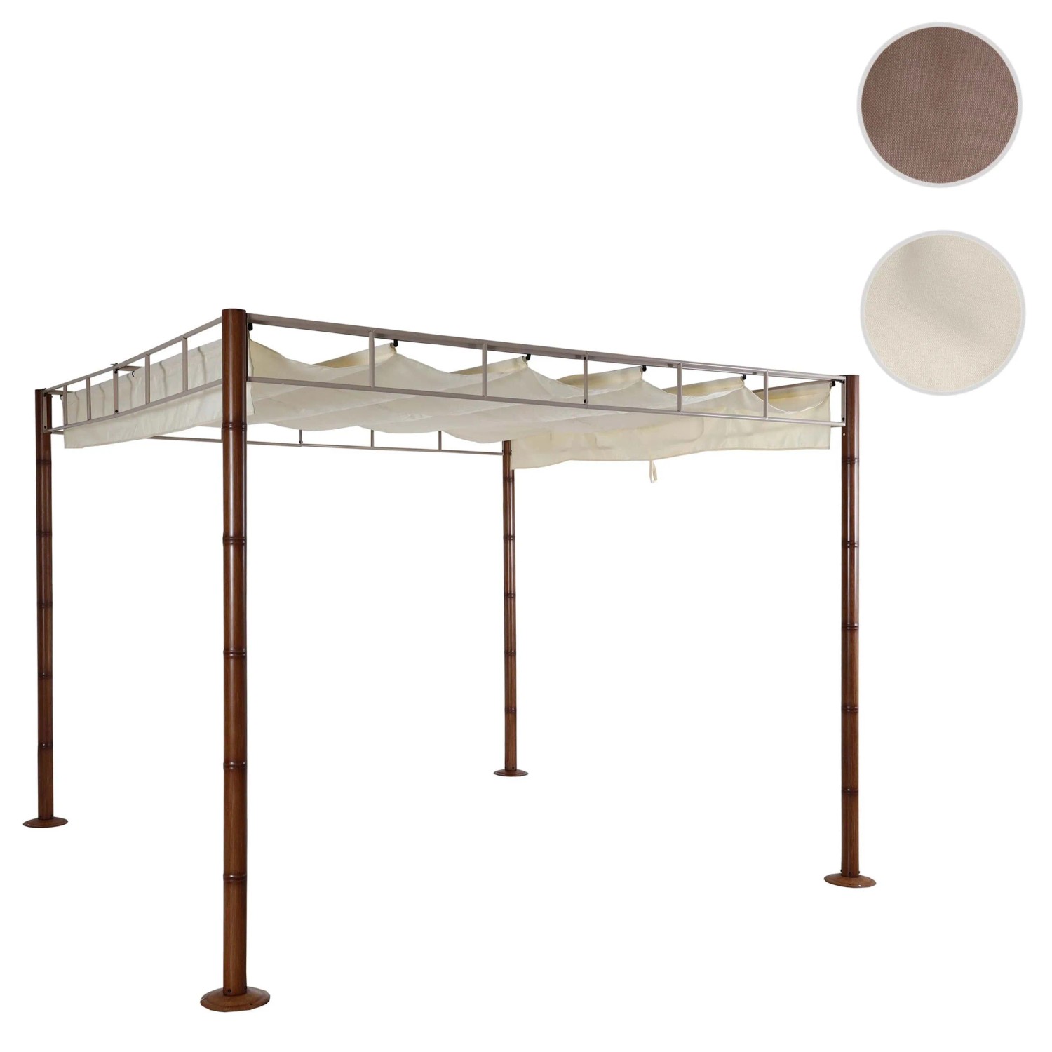 BERLINLODGE Pergola, 300x300cm, mit taupe-braunem Dach und Gestell in Bambus-Optik.