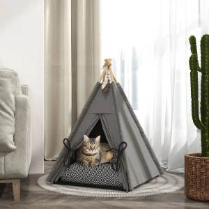 Graues PawHut Katzenzelt im Tipi-Design mit Katze auf gemustertem Kissen.