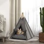 Graues PawHut Katzenzelt im Tipi-Design mit Katze auf gemustertem Kissen.
