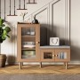 Schuhschrank mit Sitzbank in heller Holzoptik, geriffelten Glastüren und goldfarbenen Griffen. Ideal für Flur & Garderobe.