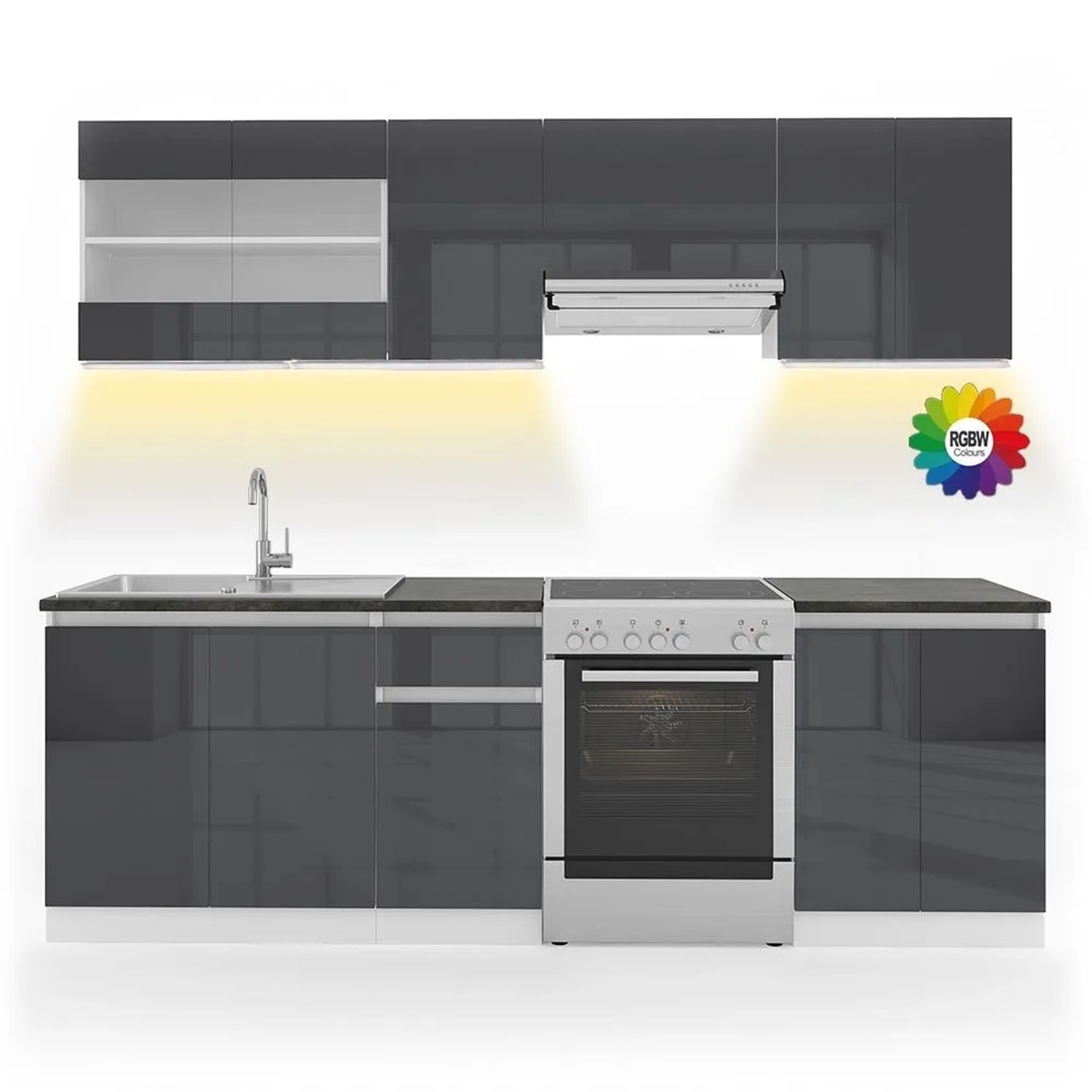 Vicco Küchenzeile R-Line Anthrazit Hochglanz/Weiß 240 x 82, AP Schwarz mit LED-Leisten