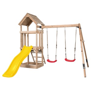 Swing King Spielturm Noa mit gelber Rutsche und zwei roten Schaukeln aus FSC®-Holz.
