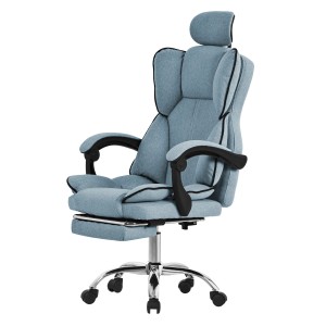 Ergonomischer, blauer ML-Design Bürostuhl mit verstellbarer Rückenlehne und Beinauflage.