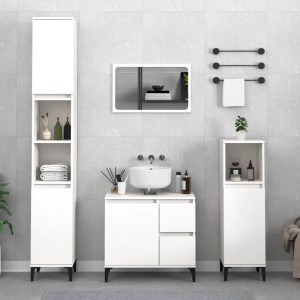 Weißes vidaXL Badmöbel-Set mit Waschbeckenunterschrank und Hochschränken.