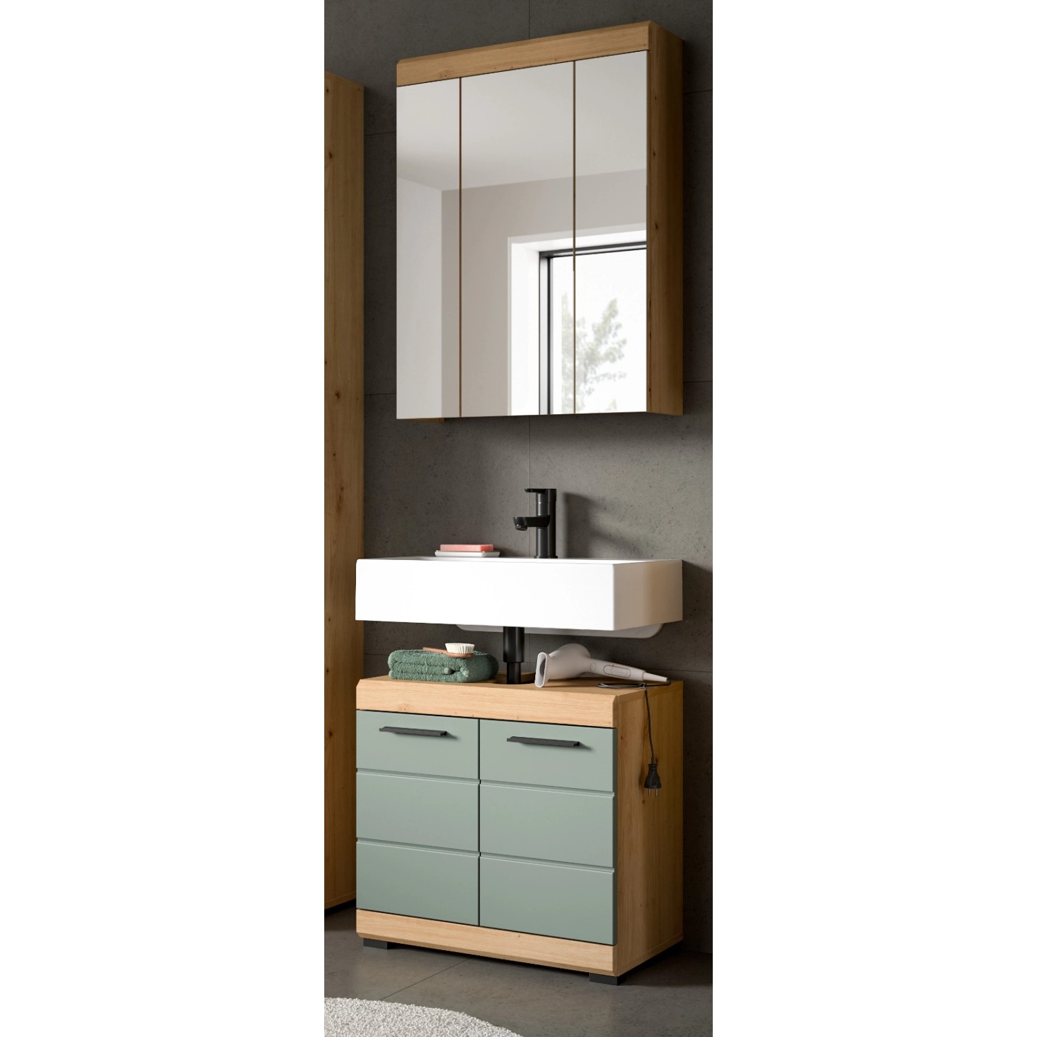 Inn.Furn Badmöbel Set 60 cm in Grün und Eiche 2-teilig Shawn günstig online kaufen