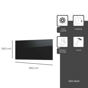 Schwarze Fenix Infrarotheizung ECOSUN Glasheizung (600W) mit Maßangaben und Icons zu Produkteigenschaften.