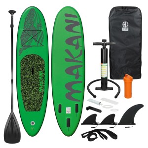 Grünes ECD Germany Stand Up Paddle Board Makani mit Zubehör wie Paddel, Pumpe und Tragetasche.