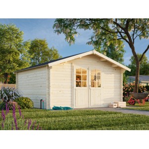 Palmako Gartenhaus Lotta, 380x380 cm, grau-weiß lackiert, mit Doppeltür und Fenstern.