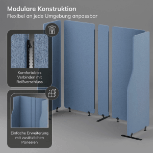 Blaue DELUKE Akustik-Trennwand für Büro/Open Space, modulare Stellwand mit Metallfüßen.