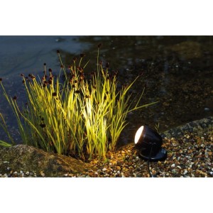 Pontec PondoStar LED Set 1 Unterwasserbeleuchtung im Teich mit Pflanzen und Kies.
