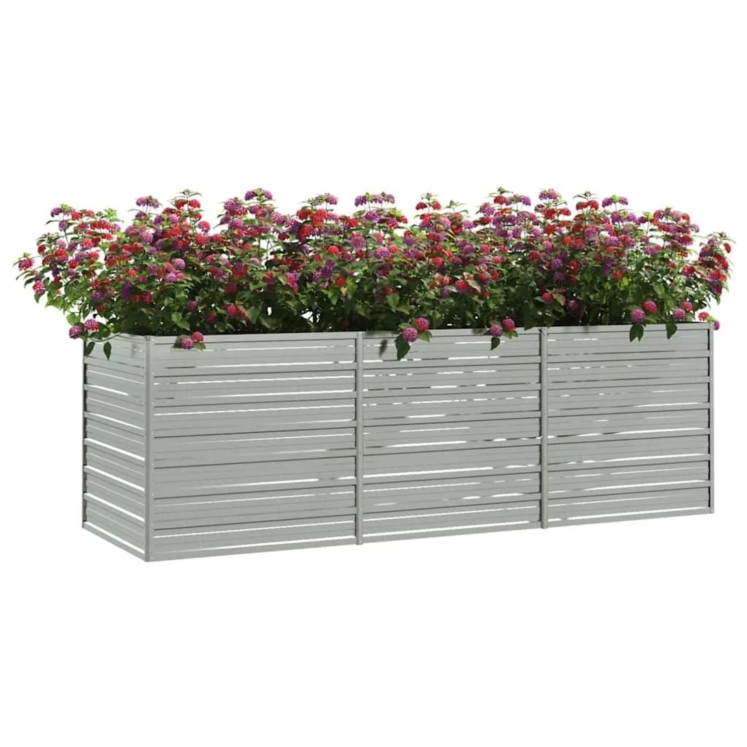 Silbernes furnicato Garten-Hochbeet aus verzinktem Stahl, bepflanzt mit bunten Blumen.