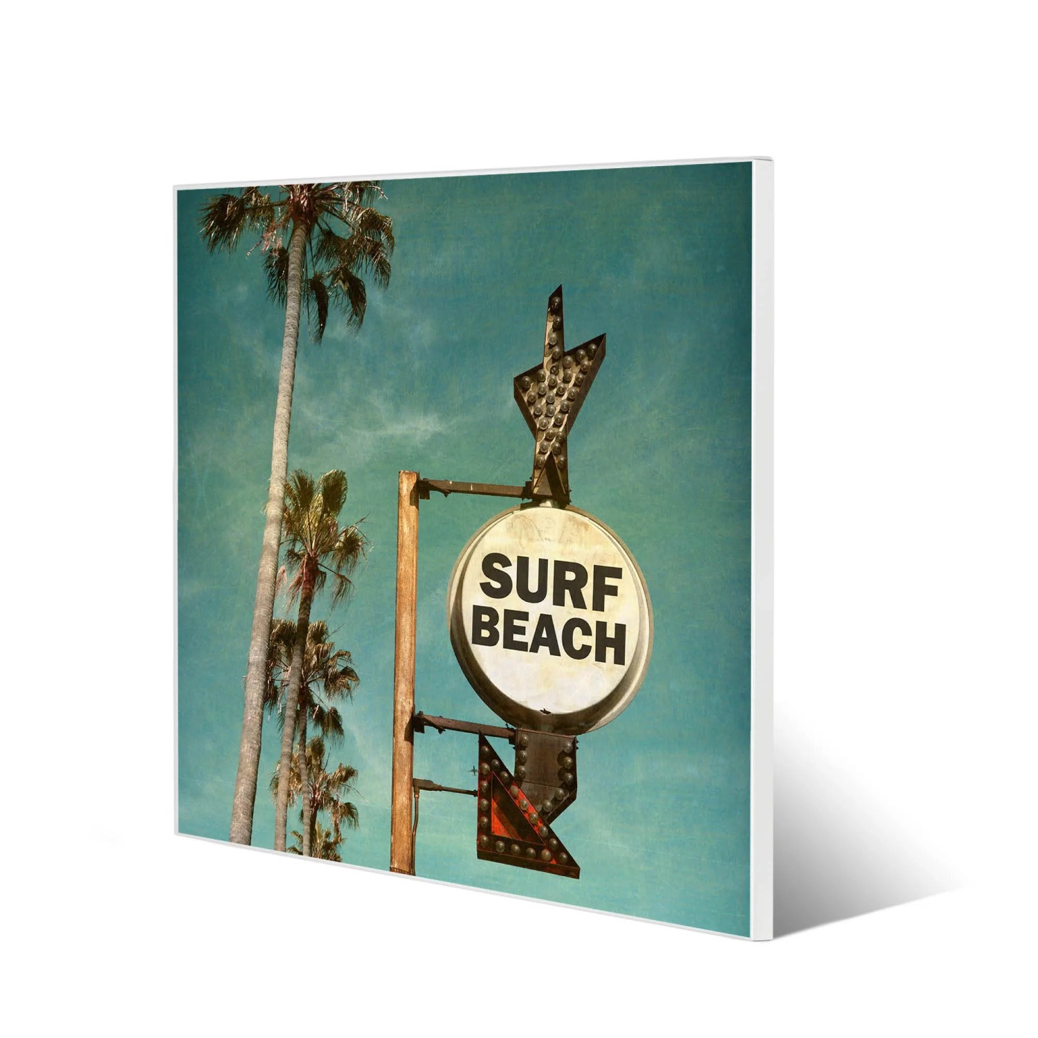 Weiße Magnettafel 50x50cm mit Surf Beach Motiv, inklusive 4 Magnete. Wanddekoration.