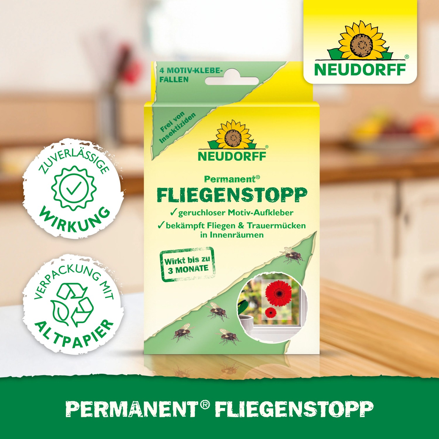 Neudorff Permanent Fliegenstopp Klebefalle mit Motiv, 4 Stück. Effektiver Schutz vor Fliegen.