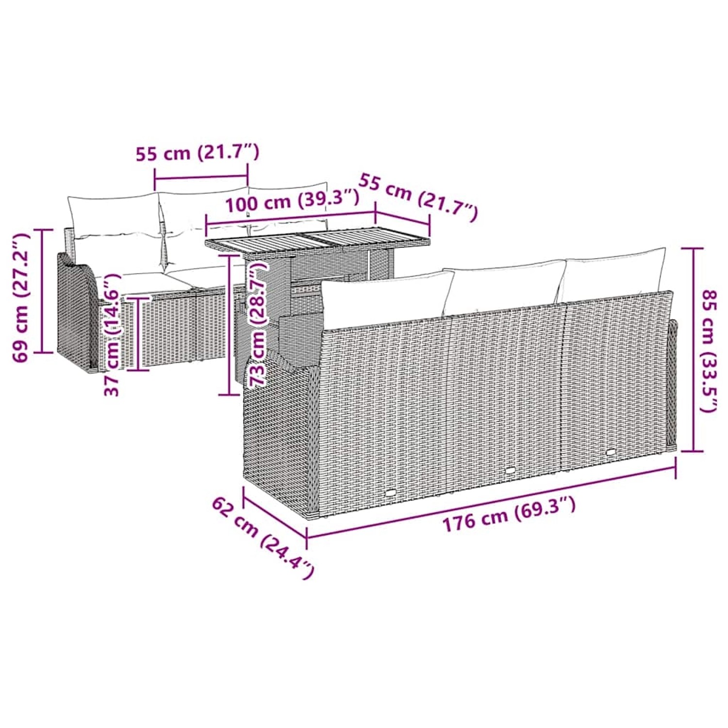 vidaXL Gartenmöbel-Set, 7-teilig, beige Poly Rattan, mit Sofa, Tisch und Stauraum. Abmessungen sind auf dem Bild zu sehen.
