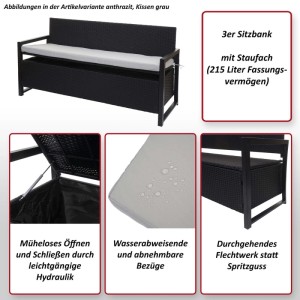 Anthrazit Poly-Rattan 3er Sitzbank mit grauen Kissen, Staufach, Hydraulik und wasserabweisenden Bezügen.