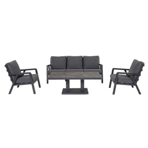 Gartenmöbel-Set: Tisch TRUMAN mit Sofa und zwei Sesseln in Anthrazit. Höhenverstellbarer Gartentisch.