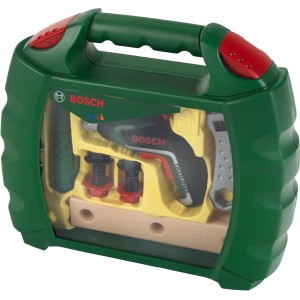 Bosch Workcase Ixolino mit Akkuschrauber II und Werkzeug im transparenten Koffer.