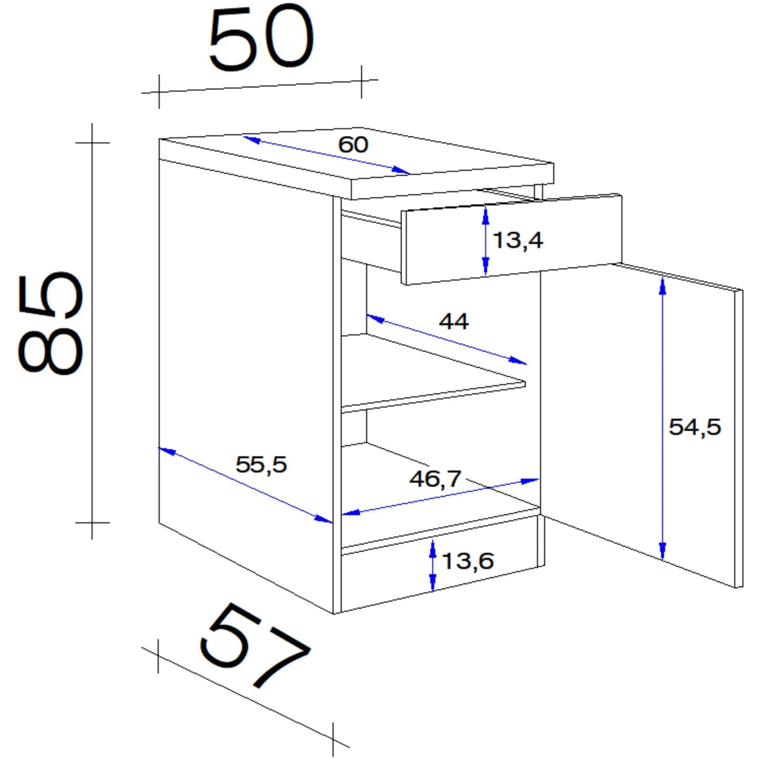 Technische Zeichnung: Flex-Well Unterschrank Cara, 50 cm, Schilfgrün/Artisan Eiche, mit Maßen.