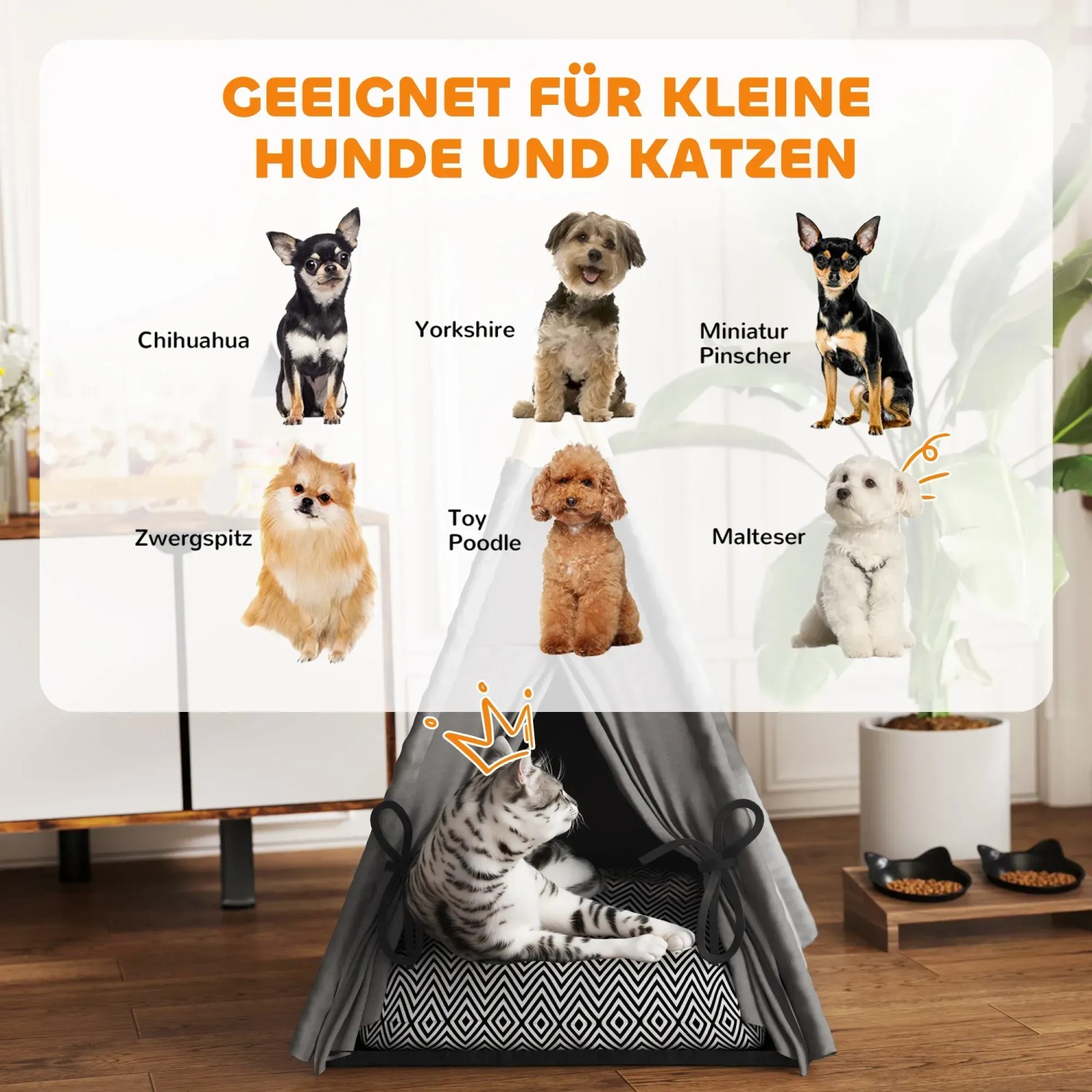 Graues PawHut Katzenzelt mit Katze und Hunde-Illustrationen. Ideal als Katzenhaus und Rückzugsort.