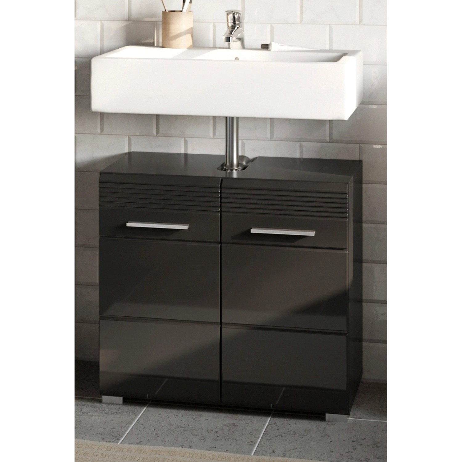 Inn.Furn Waschbeckenunterschrank Schwarz Hochglanz 60 cm 2-türig Leon günstig online kaufen