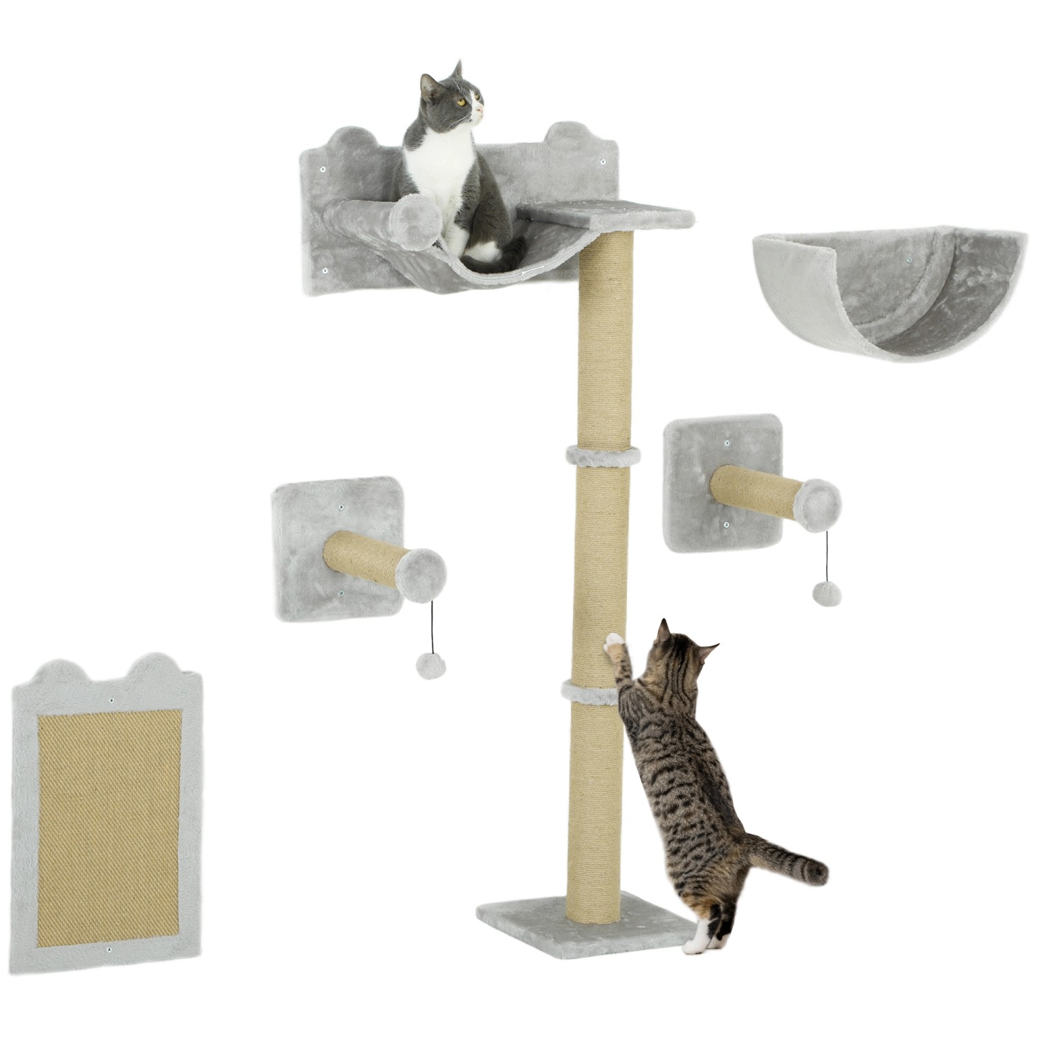 PawHut Katzen Kletterwand Spanplatte Polyester Hellgrau 60L x 32B x 140H cm