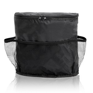 Schwarzer Auto Rücksitz Organizer mit Kühlfach und Netztaschen, 25x26x12 cm.