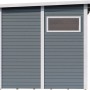 Detailansicht: Graues Bertilo Gartenhaus Pentus 2 Lounge mit Fenster und weißem Rahmen.