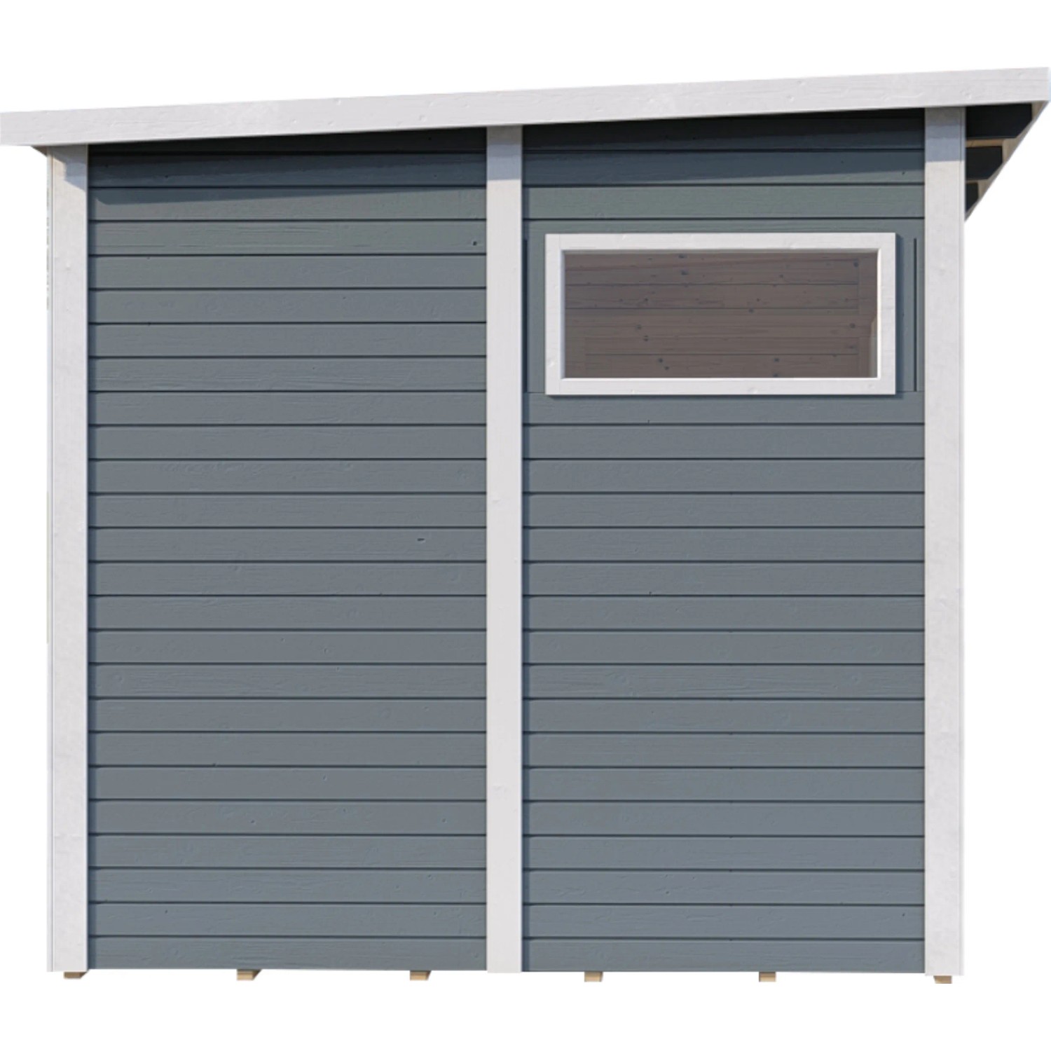 Detailansicht: Graues Bertilo Gartenhaus Pentus 2 Lounge mit Fenster und weißem Rahmen.