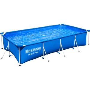 Blauer Bestway Frame Pool Steel Pro, 400x211x81 cm, eckiger Stahlrahmenpool ohne Pumpe.