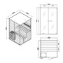 Skizze der Home Deluxe SHADOW M Sauna: Maße, Glasfront, Ofenposition. Ideal für 2 Personen.