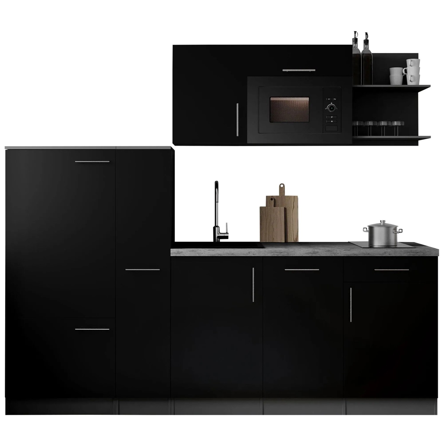 Respekta Singleküche Oliver 235 cm Schwarz Seidenglanz mit Mikrowelle