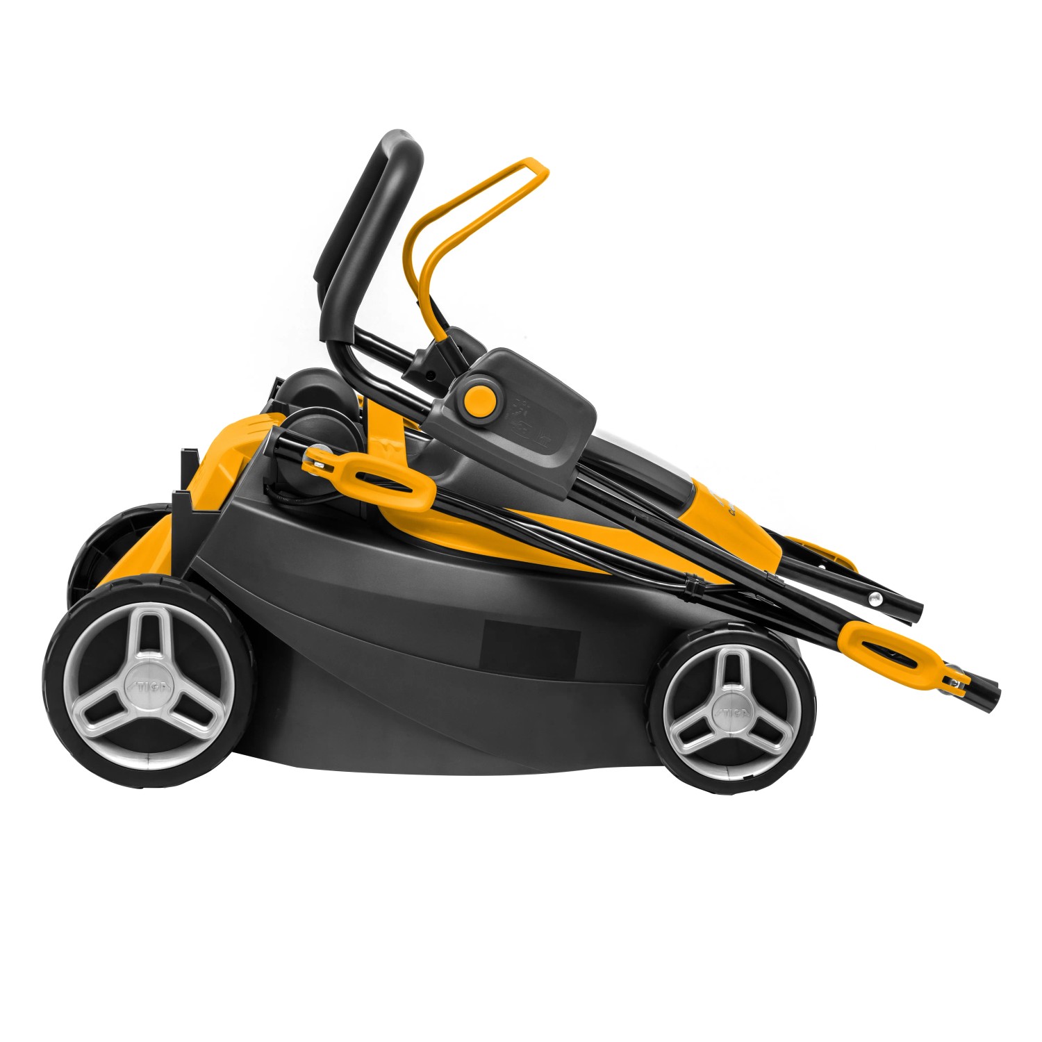 Zusammengeklappter Stiga Akku-Rasenmäher Collector 136e mit Akku und Ladegerät.