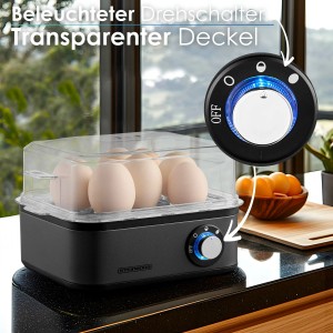 Steinborg Eierkocher für 8 Eier mit transparentem Deckel und beleuchtetem Schalter.