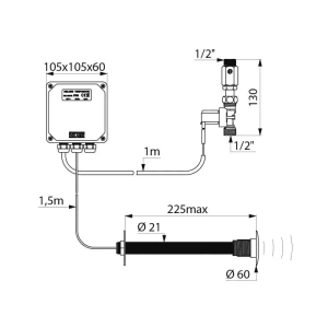 Technisches Diagramm des Delabie TEMPOMATIC Urinal-Druckspülers für Hinterwandmontage mit Elektronik-Box, Sensor und Maßen.
