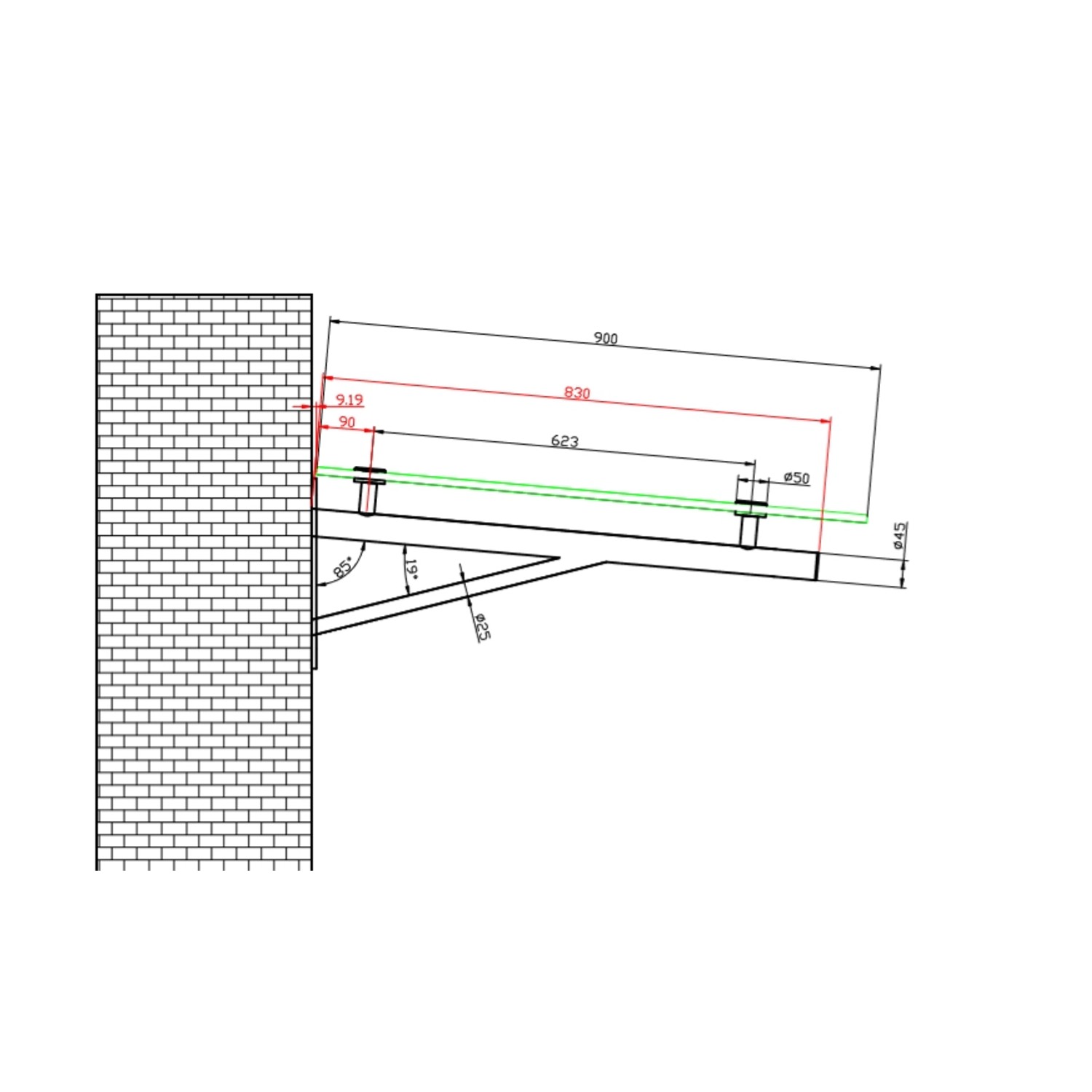Technische Zeichnung Glasvordach Elbrus 200x90cm mit Maßen und Wandbefestigung.