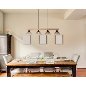 Globo Hängeleuchte Lindi, 4-flammig, Holz/Schwarz über Esstisch. Pendelleuchte mit Holz und Glas.