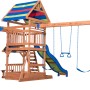 Spielturm Northbrook aus Zedernholz mit Rutsche, Schaukeln, Kletterwand und Sandkasten.