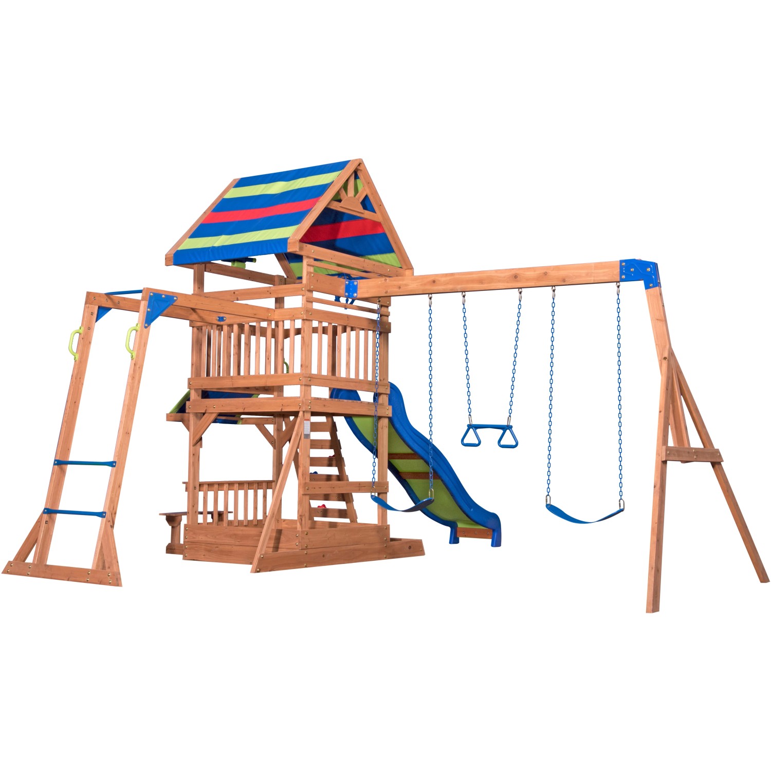 Spielturm Northbrook aus Zedernholz mit Rutsche, Schaukeln, Kletterwand und Sandkasten.