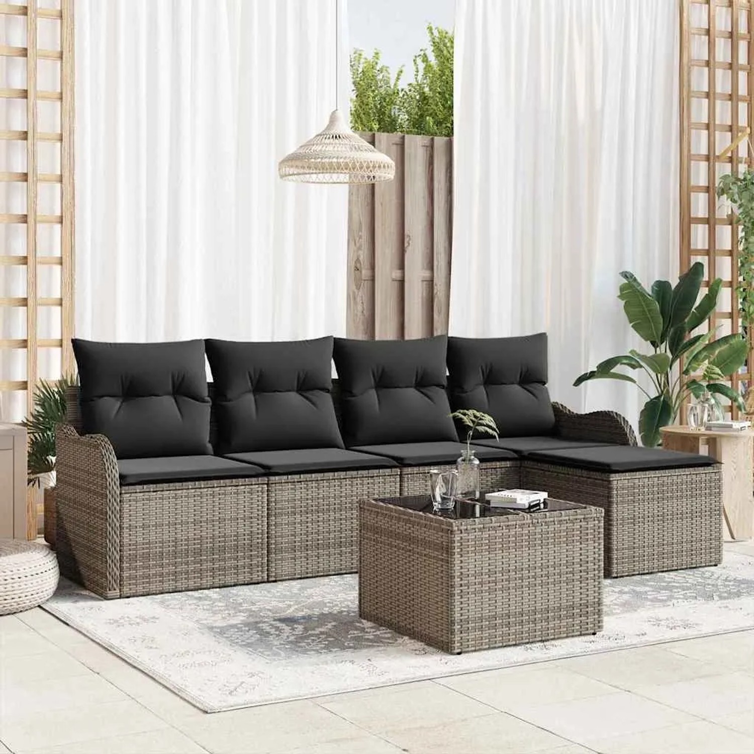 Graues 6-tlg. vidaXL Garten-Sofa-Set mit Kissen aus Poly Rattan. Inkl. Sofa, Tisch und Fußstützen.