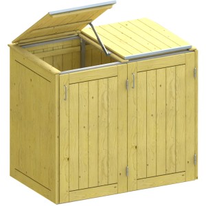 Mülltonnenbox Binto 3 aus Nadelholz, 2er Box mit Klappdeckel, teilweise geöffnet.