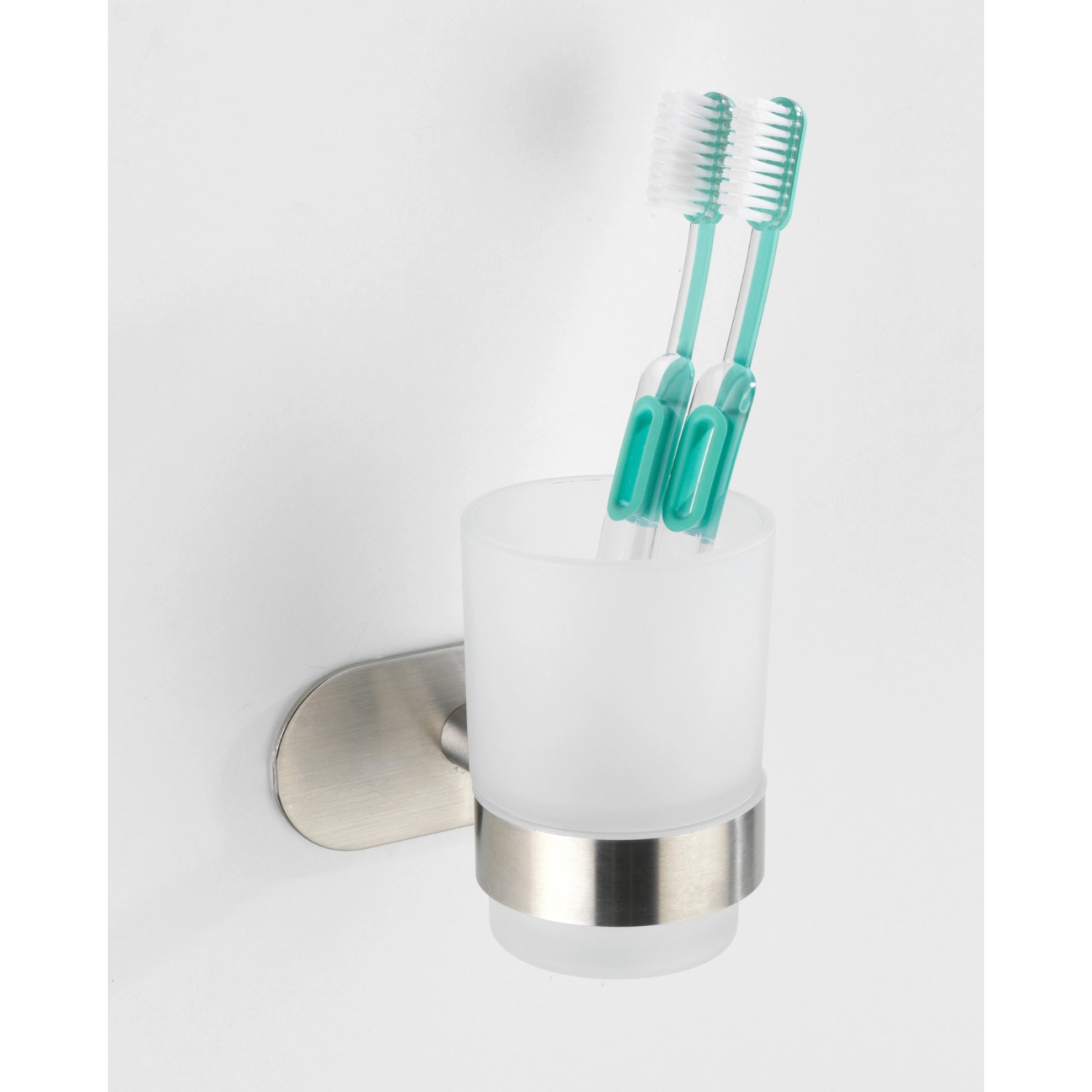 Wenko Zahnputzbecherhalter Uno Orea Matt aus Edelstahl mit satiniertem Glas und zwei Zahnbürsten.
