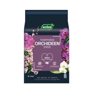 Westland Orchideenerde torffrei mit Seramis, 8 l Sack mit Orchideenblüten.