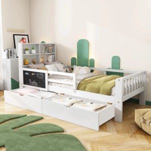 Merax Kinderbett 90 x 200 cm mit Schubladen Tafel Weiß